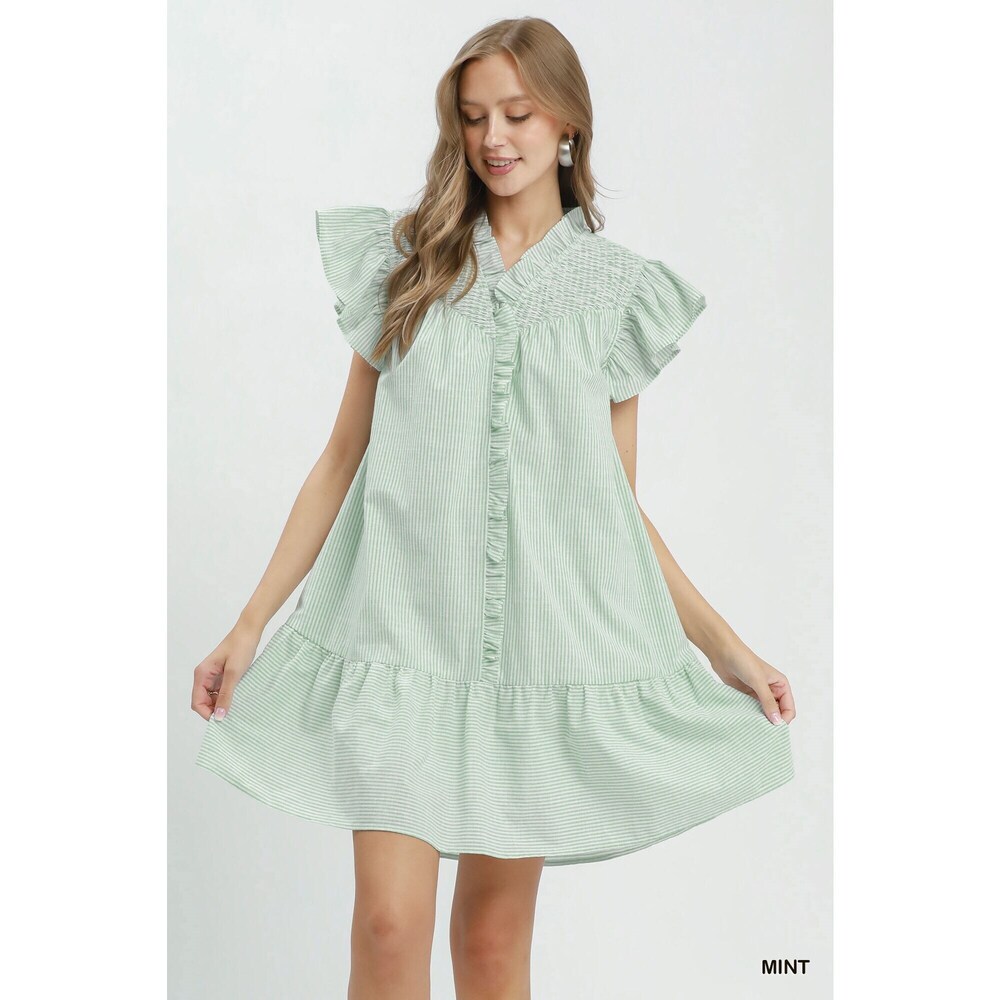 Umgee Stripe Smocked Yoke Ruffle Dress